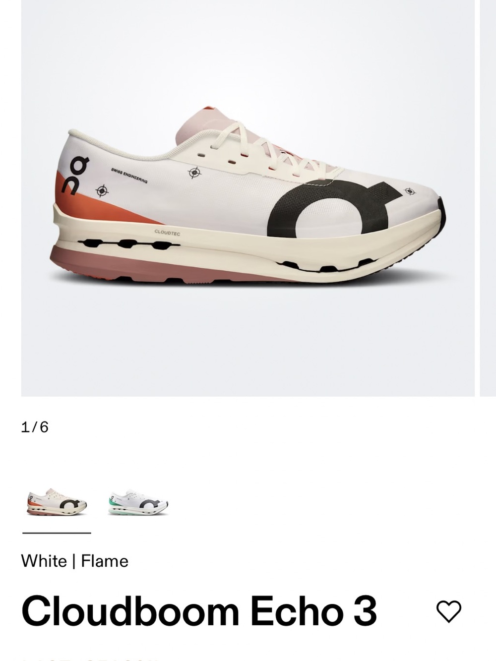 On Cloudboom Echo 3 Women’s 8.5 White/Flame Like New Less than 2 miles Walking
